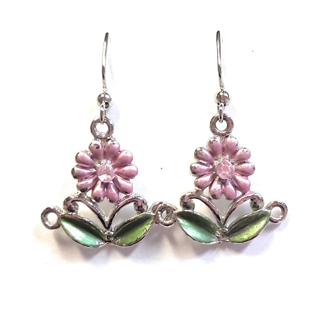 Pink and Green Large Flower Drop Earrings